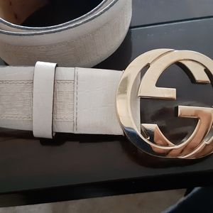 White gucci authentic leather belt with belt buckl
